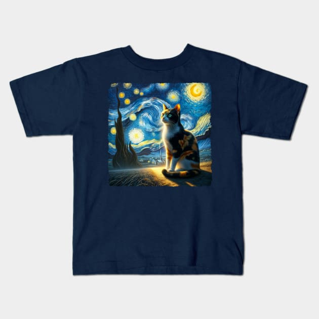 Calico Starry Night Inspired - Artistic Cat Kids T-Shirt by starry_night